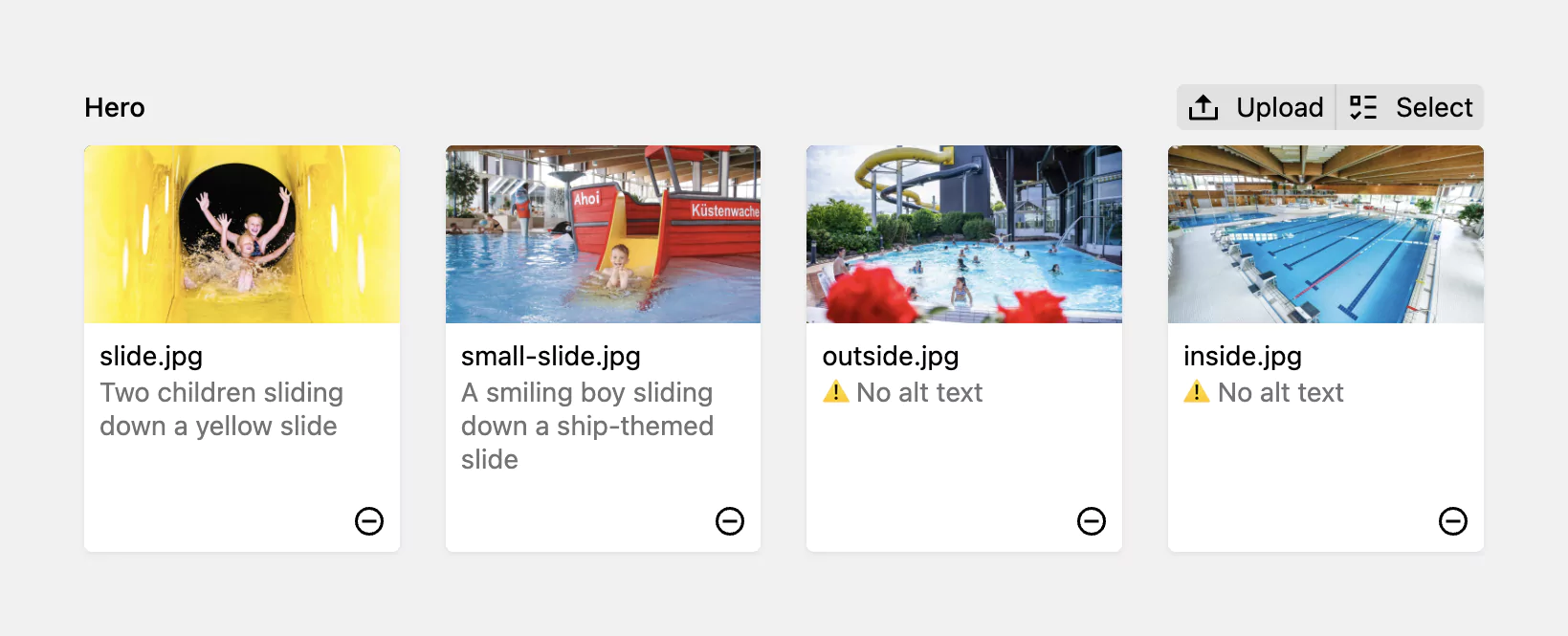 Screenshot of a Kirby files field. Two of the images have a warning icon and the text No alt text next to it.