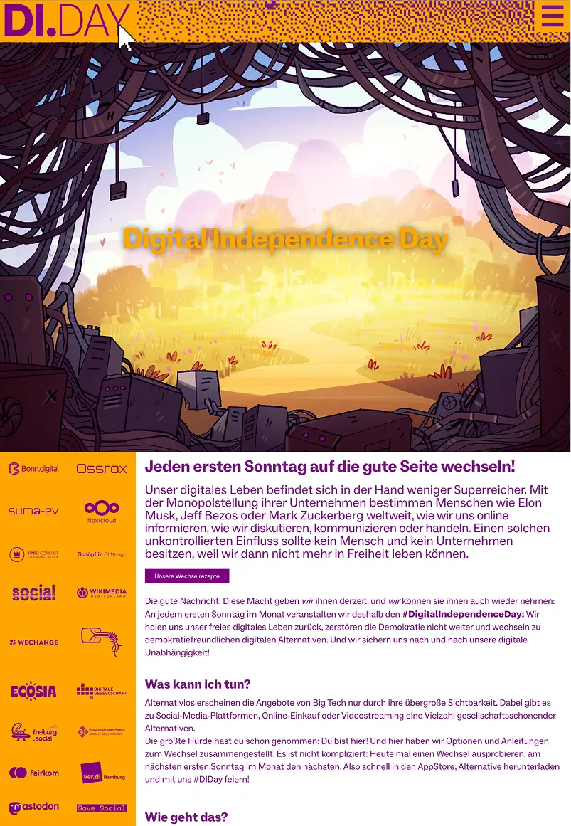 Screenshot of the previous home page of di.day with hard to read orange text on yellow background, inconsistent spacing and a lot of text