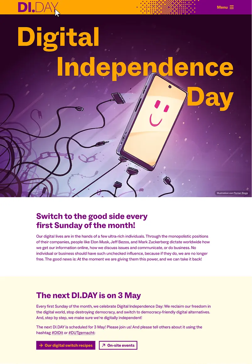 Screenshot of di.day with a big hero image practically screaming Digital Independence Day at you with a big illustration of a smartphone freeing itself from cables