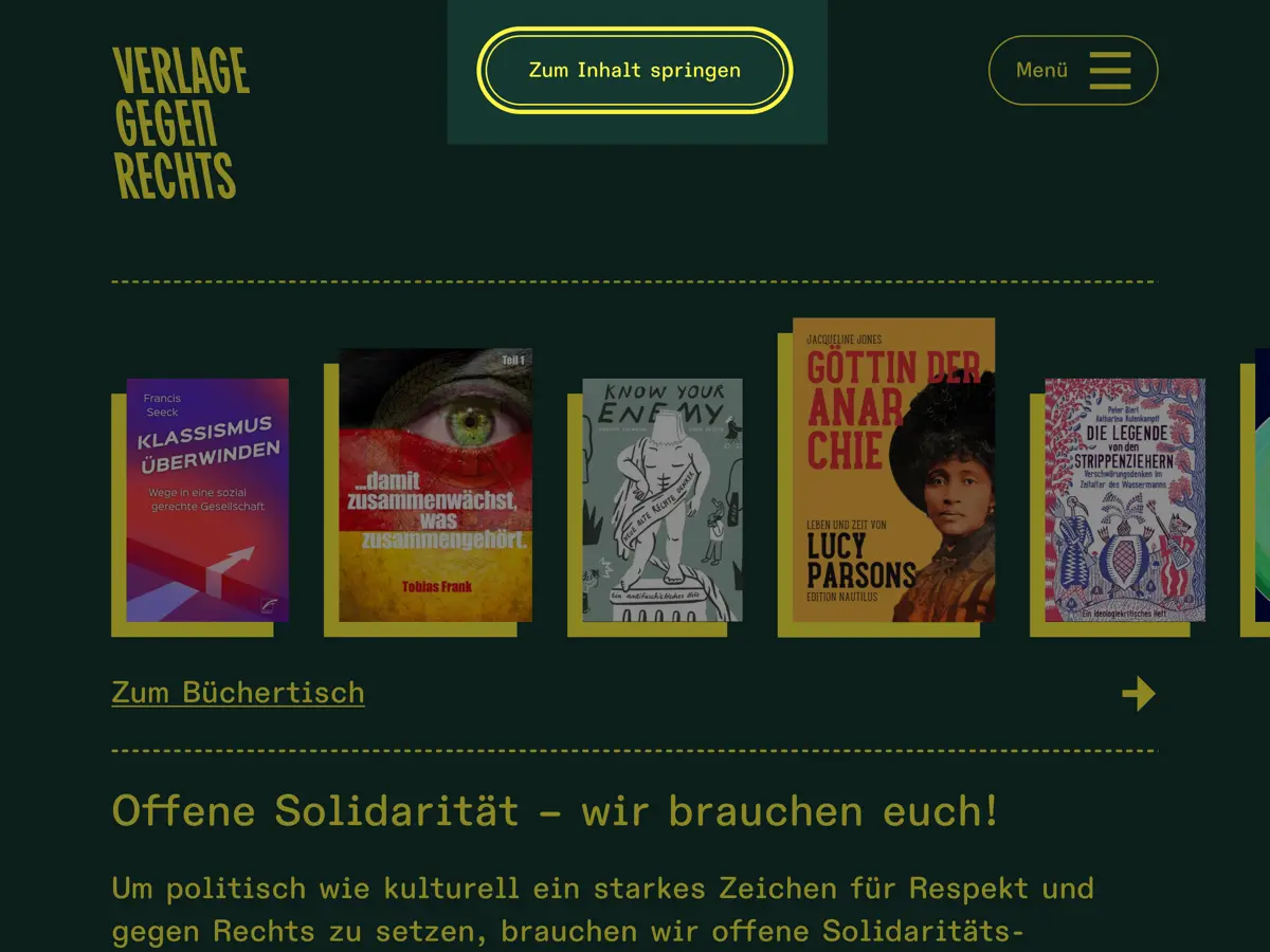 A screenshot of the Verlage gegen Rechts website showing a yellow outline with an offset around a green button on a green background