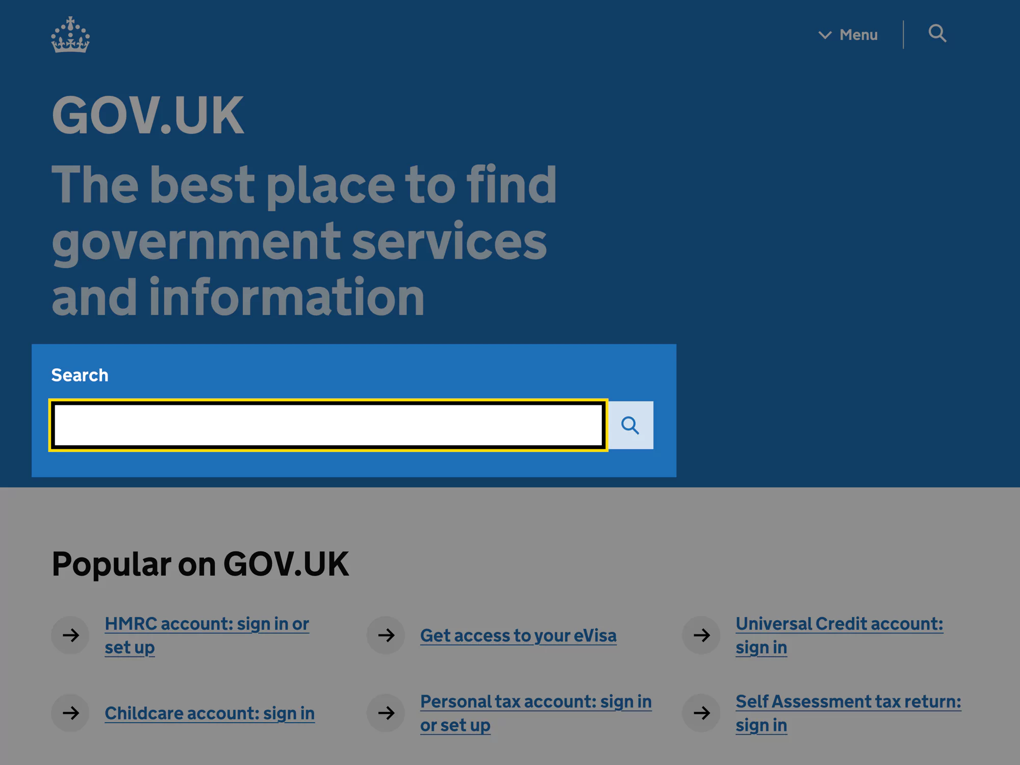 A screenshot of the UK government website showing a high-contrast yellow outline with a black border around the search field