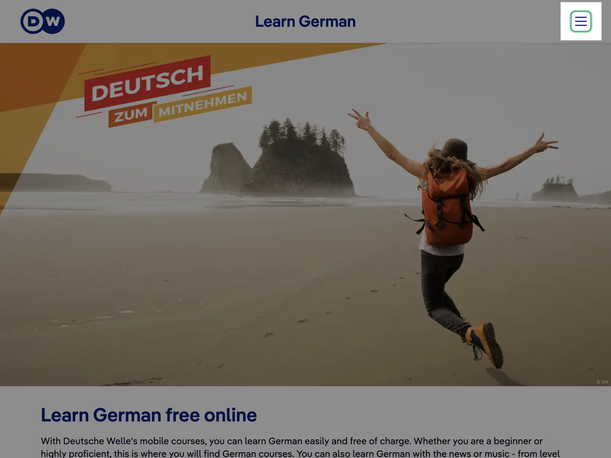 A screenshot of the DW Learn German website showing a blue and green outline around a hamburger button