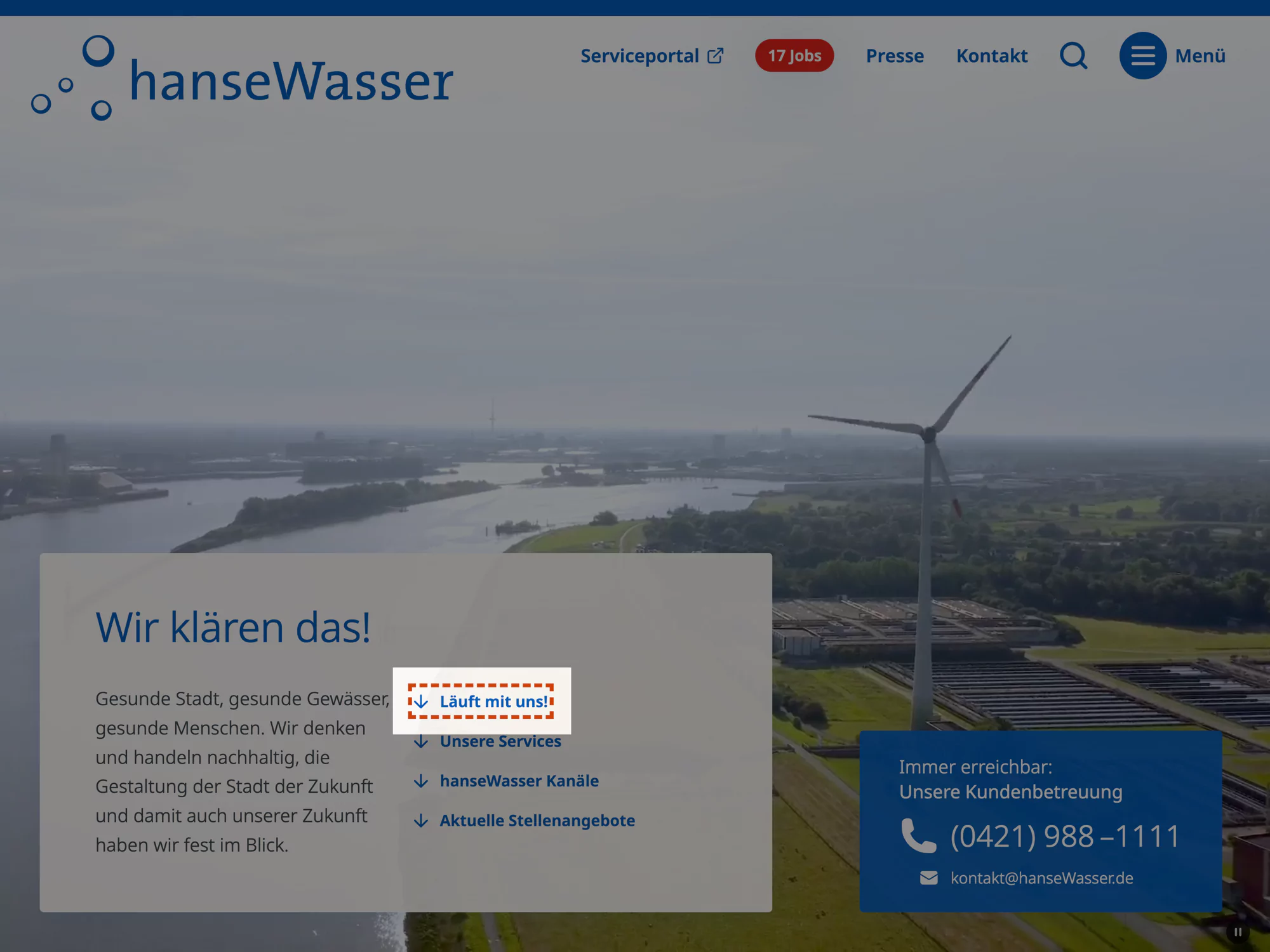 A screenshot of the HanseWasser website showing a red dotted outline around a button with the text “Läuft mit uns”