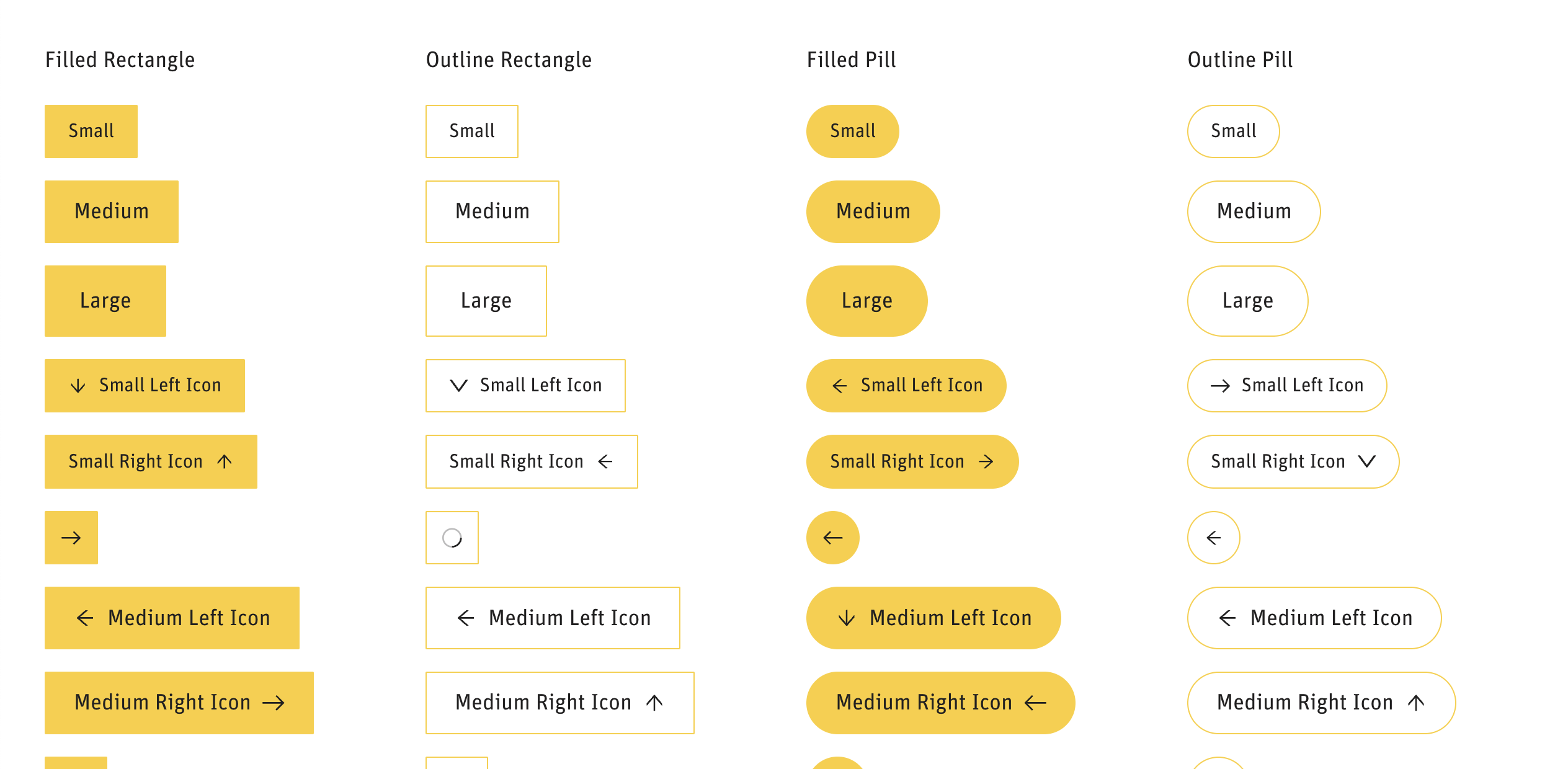 An overview of different button styles, filled rectangle, outline rectangle, filled pill, outline pill, with all kinds of different icons and sizes