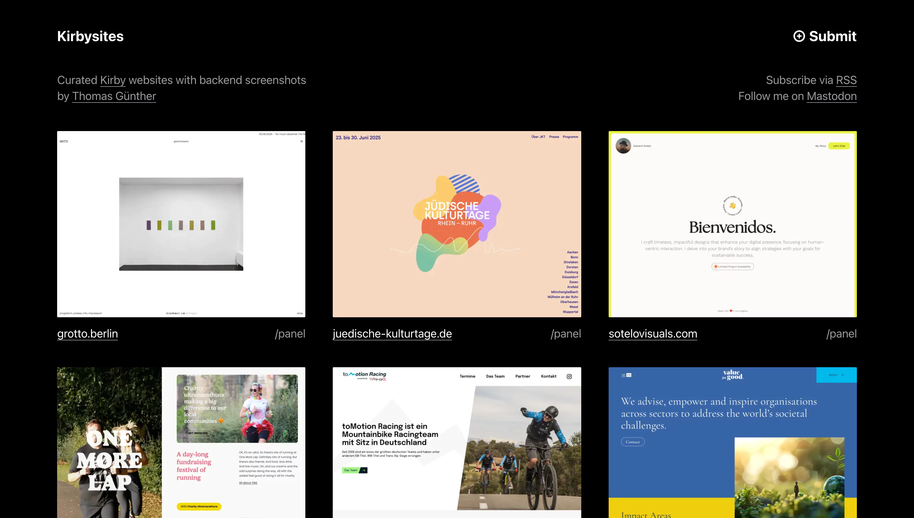 Screenshot of the new kirbysites.com homepage, showing a grid of Kirby websites with their screenshots and titles.