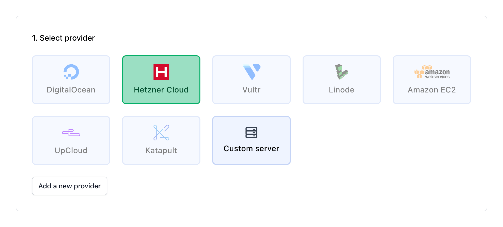 A screenshot of the Ploi interface showing a Select provider form with different server providers like DigitalOcean, Hetzner, and Vultr. Hetzner is selected.