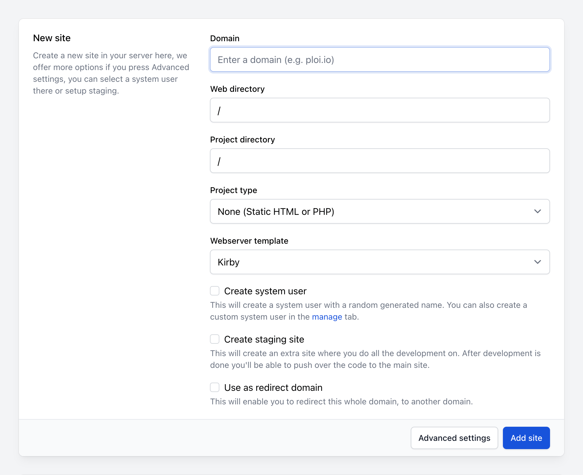 A screenshot of the Ploi interface showing the New site creation form. The form includes fields for Domain, Web directory, Project directory, Project type, and Webserver template (dropdown showing Kirby selected)