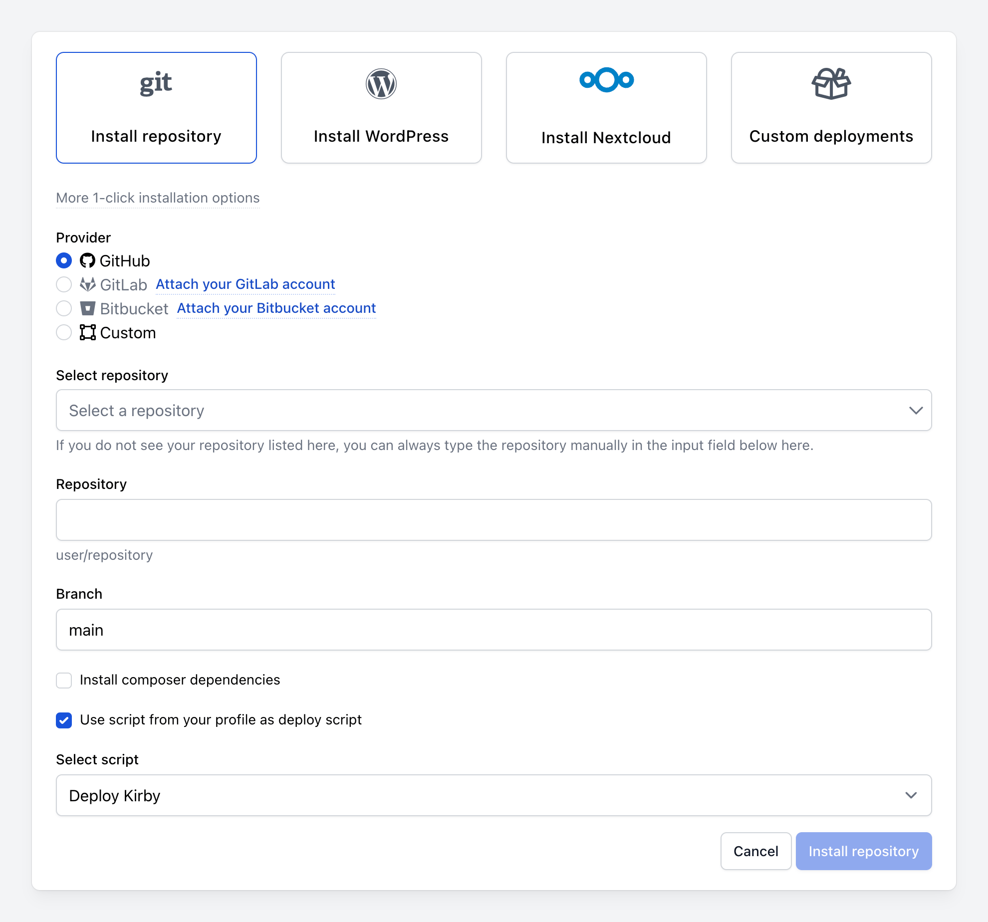 A screenshot of the Ploi repository installation interface. At the top are four installation options: Install repository, Install WordPress, Install Nextcloud, and Custom deployments. Below, the repository setup form shows GitHub selected as the provider. At the bottom, Use script from your profile as deploy script is checked with Deploy Kirby selected from the script dropdown.