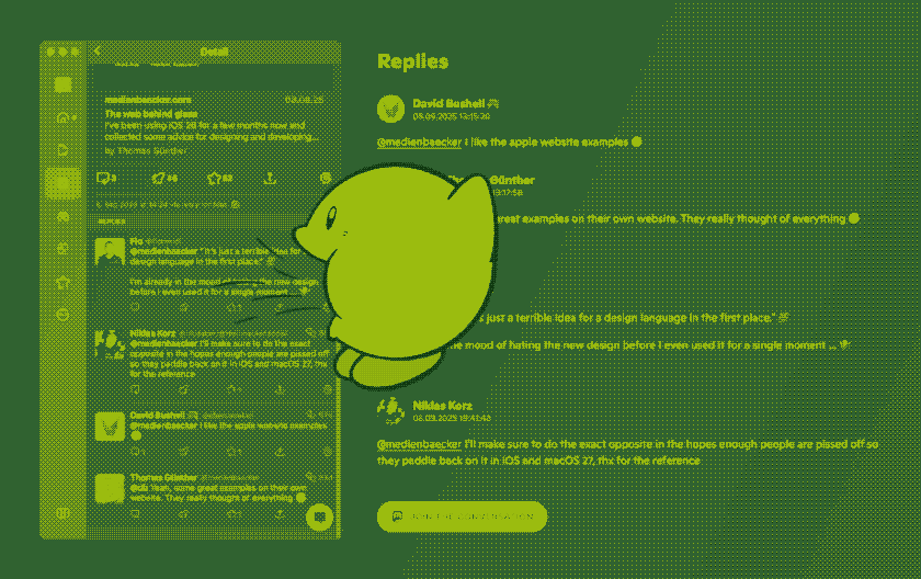 Screenshot of Mastodon client Ivory next to my replies section. Kirby (the Nintendo character) is inhaling the replies, floating on top of the replies section. Everything has a dithered GameBoy aesthetic