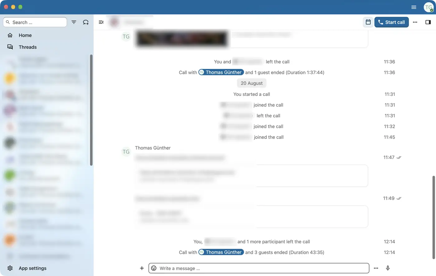 Screenshot of Nextcloud Talk's macOS app, showing a sidebar with blurry but colourful avatars, and an open conversation with a bunch of joined call, left the call messages