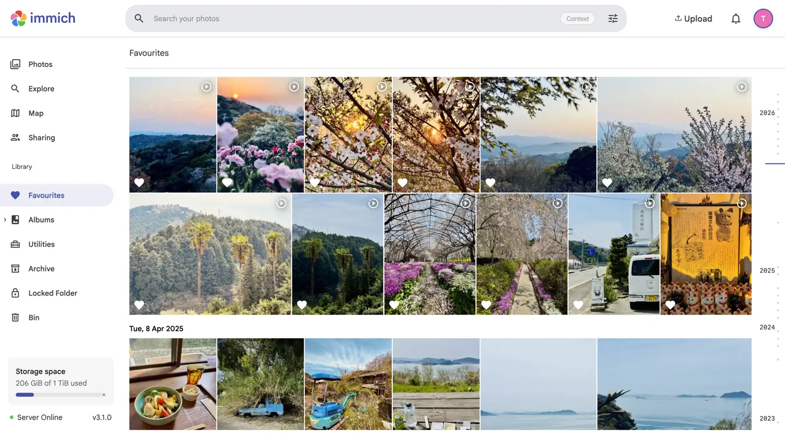 Screenshot of Immich's web app, showing the Favourites screen with pictures of a Japan trip in 2025