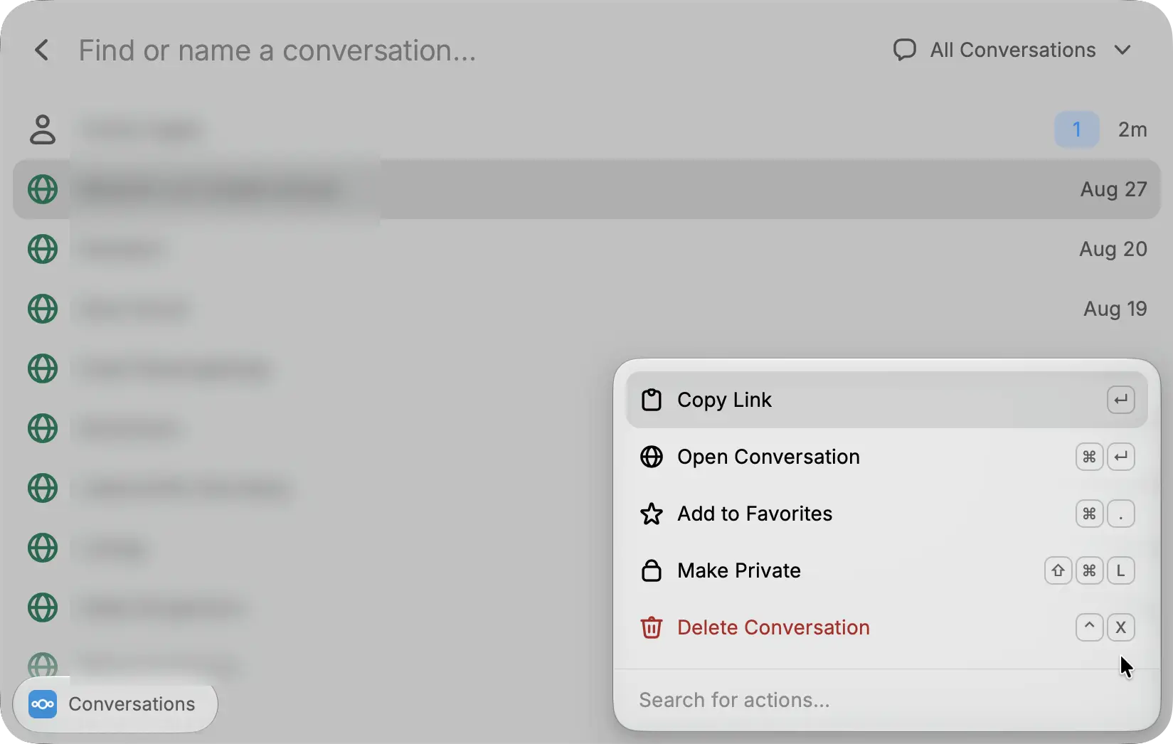Screenshot of my Raycast extension showing a blurry list (sorry!) of Nextcloud conversations, with the context menu open: Copy link, Open Conversation, Add to Favorites, Make Private, Delete Conversation