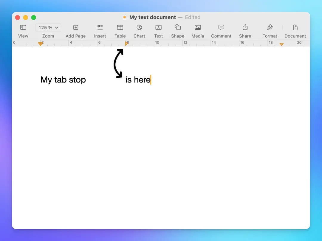 Screenshot of Pages on macOS showing a tab stops in the ruler.
