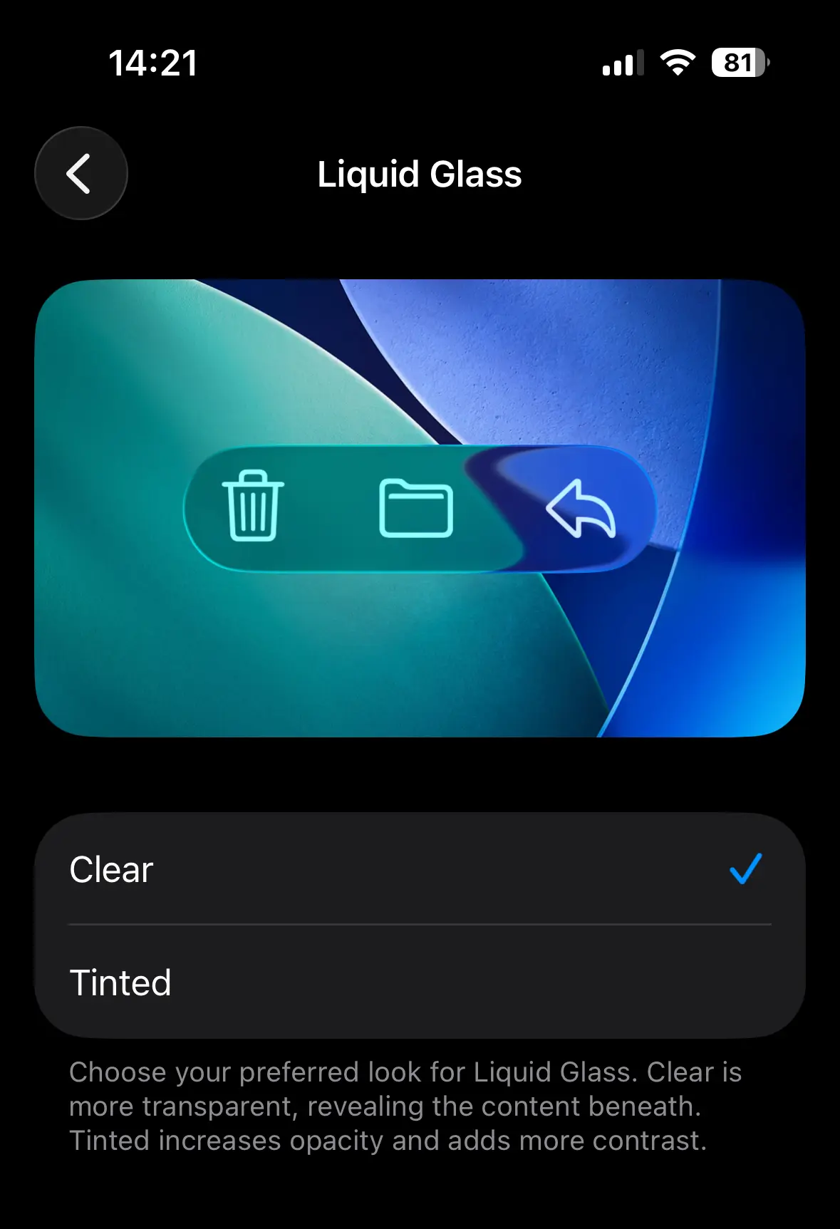 Screenshot of the new "Liquid Glass" settings in iOS 26.1 showing the "Clear" option selected.