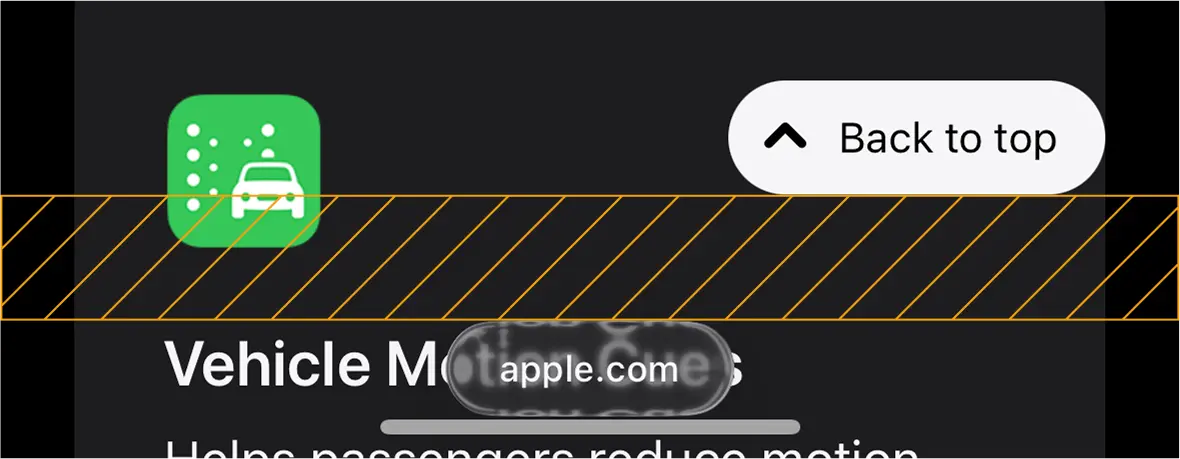 Screenshot of iOS 26 Safari showing apple.com. There's a fixed "Back to top" button on the bottom right of the page, which is positioned significantly higher than expected, leaving a large gap between it and the address bar.