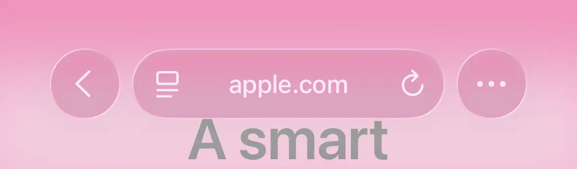 Screenshot of iOS 26 Safari showing apple.com using a mid-tone pink colour. The text and icons in the address bar are barely readable.