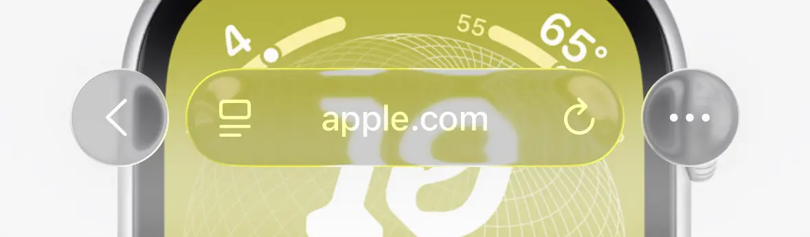 Screenshot of iOS 26 Safari showing apple.com using an image of the Apple Watch showing a white and olive coloured screen. The text and icons in the address bar are barely readable.