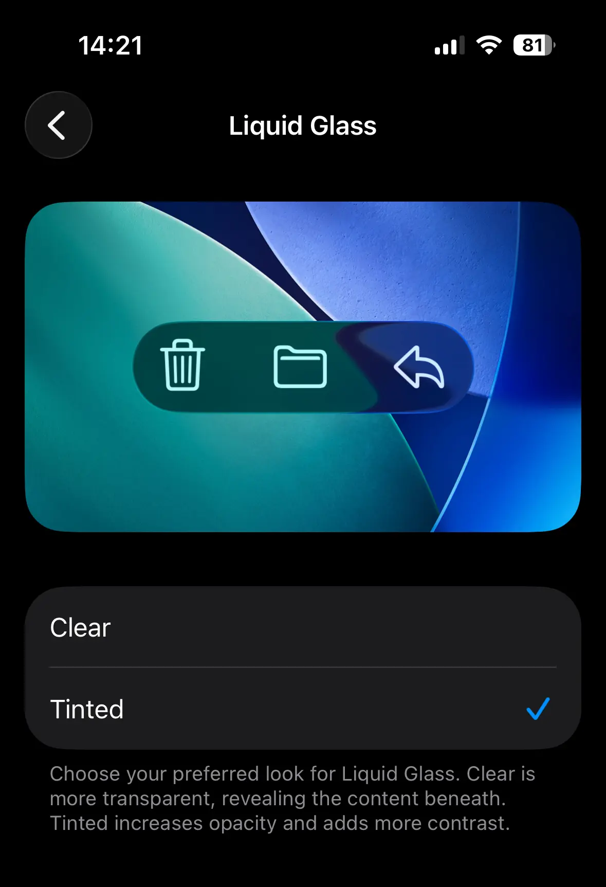 Screenshot of the new "Liquid Glass" settings in iOS 26.1 showing the "Tinted" option selected.