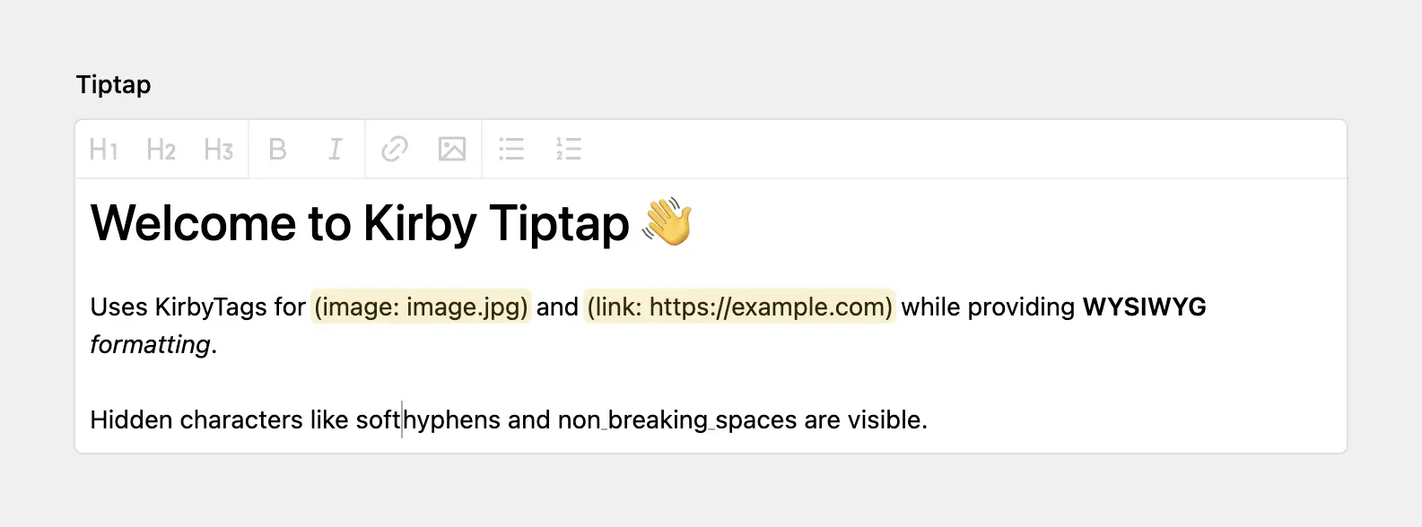 Screenshot of the Kirby Tiptap field in the Kirby Panel, showing a toolbar similar to the core textarea, visually formatted text and two KirbyTags.