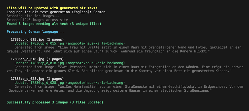 Screenshot of the CLI command in action, showing the result of "kirby alter:generate" with a list of three images and their generated alt texts.