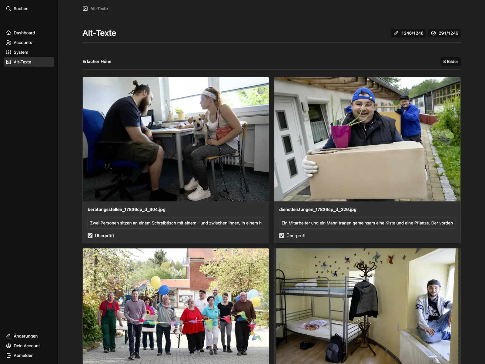 Panel view of the Kirby Alter plugin, showing a grid of images. Each image has a field for the alt text and a checkbox for marking it as reviewed.