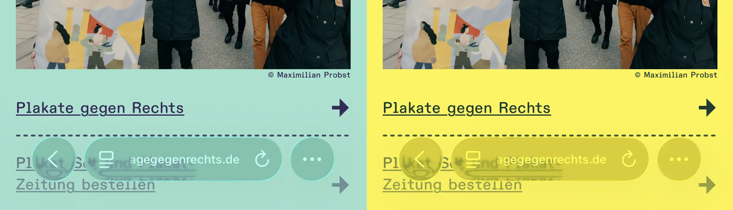 Two screenshots of verlagegegenrechts.de with the address bar of iOS 26, showing the Liquid Glass effect. The domain is hard to read, as it's lacking contrast with the different backgrounds.