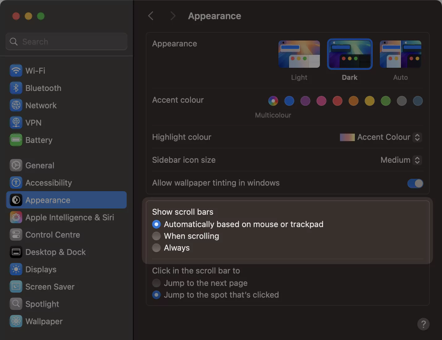 Screenshot of macOS system preferences showing scrollbar settings
